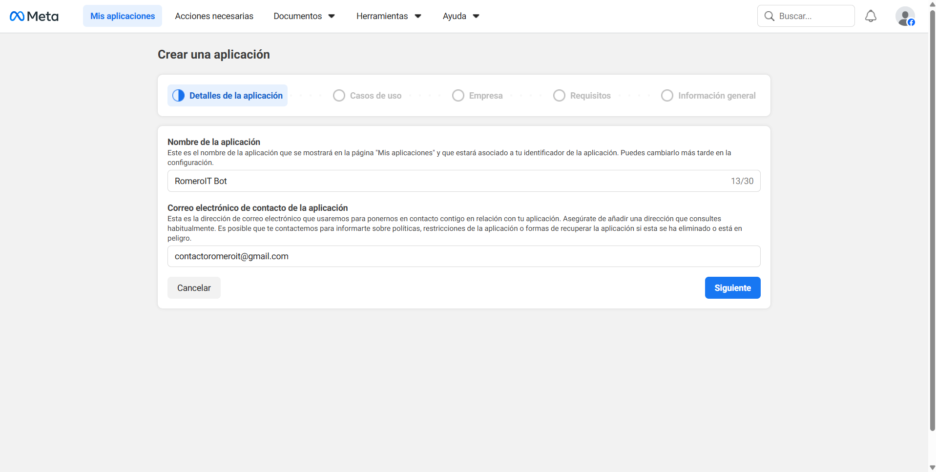 Formulario de nombre y correo de la aplicación